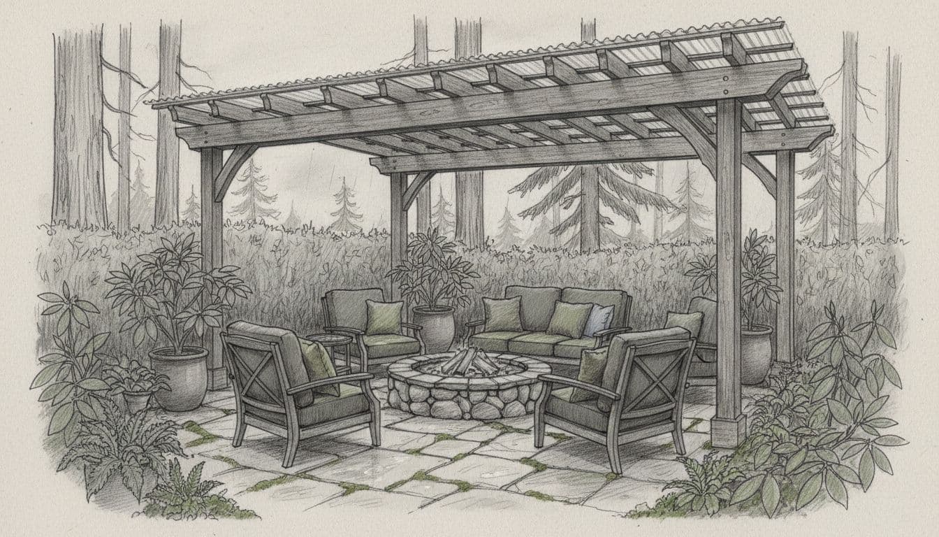 A graphite drawing of a backyard patio featuring a wooden pergola and central stone fire pit.