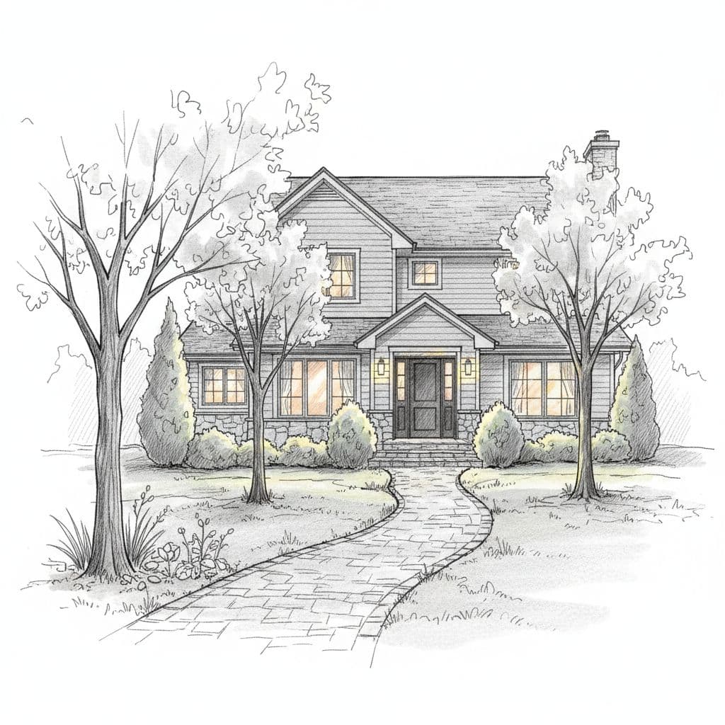A detailed graphite sketch depicts a charming house at night with warm, glowing entrance and landscape lighting.