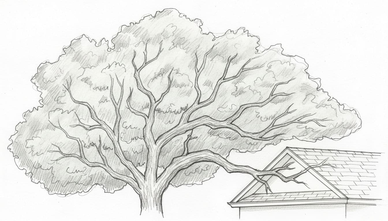 Hand-drawn graphite sketch of a tree canopy with large dead bare branches amid live green foliage, one heavy dead limb hanging low over a house roof edge. Depicts arborist hazard of limb drop risk to property, clean white background.