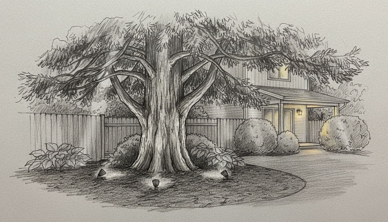 Hand-drawn graphite sketch of a Pacific Northwest backyard at night, featuring a large mature tree uplighted by three spotlights creating upward beams and dramatic shadows, adjacent garden bed with low-angle wash lights on plants and mulch, wooden fence and softly lit house porch in background, monochromatic palette on light gray paper.