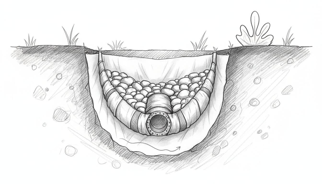 Hand-drawn grayscale sketch of a French drain cross-section, showing a trench lined with filter fabric, filled with gravel, and a centered perforated pipe at the bottom with a slight slope, set in a simple yard.