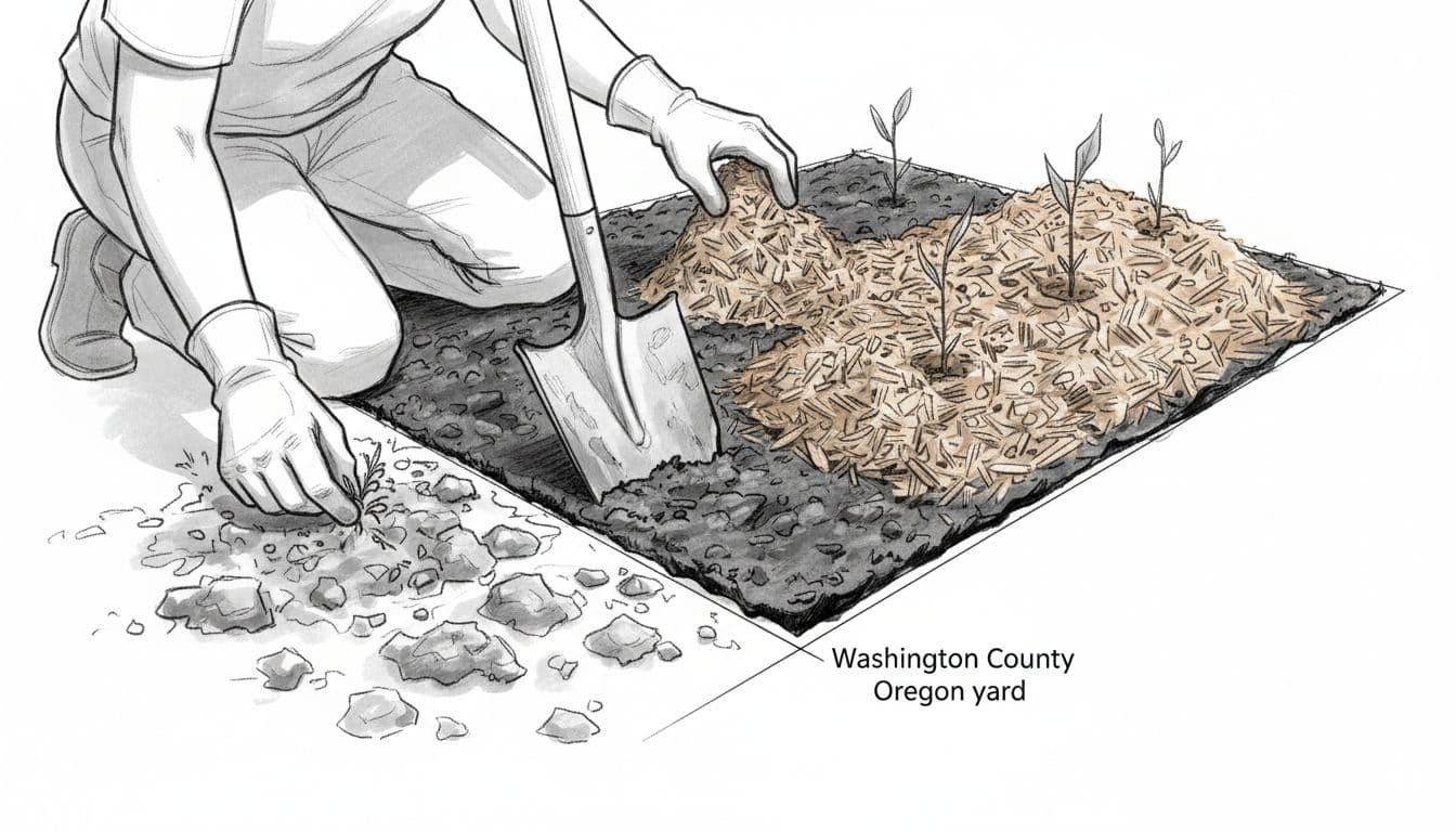 Person kneeling in garden bed pulling weeds by hand near sharp-edged border made with shovel, compost layer added then mulch spread around plant bases on damp clay soil. Hand-drawn graphite linework sketch with light shading on white background, close-up on bed prep steps.