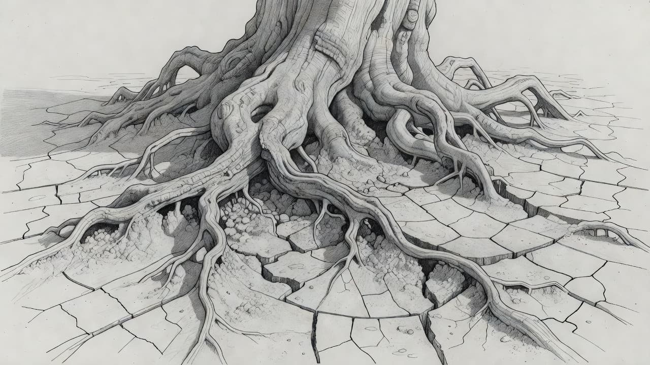 Detailed graphite drawing of a thick tree base where large, textured roots emerge from the soil. The roots create deep fissures and cracks in the dry ground, showcasing natural earth displacement.
