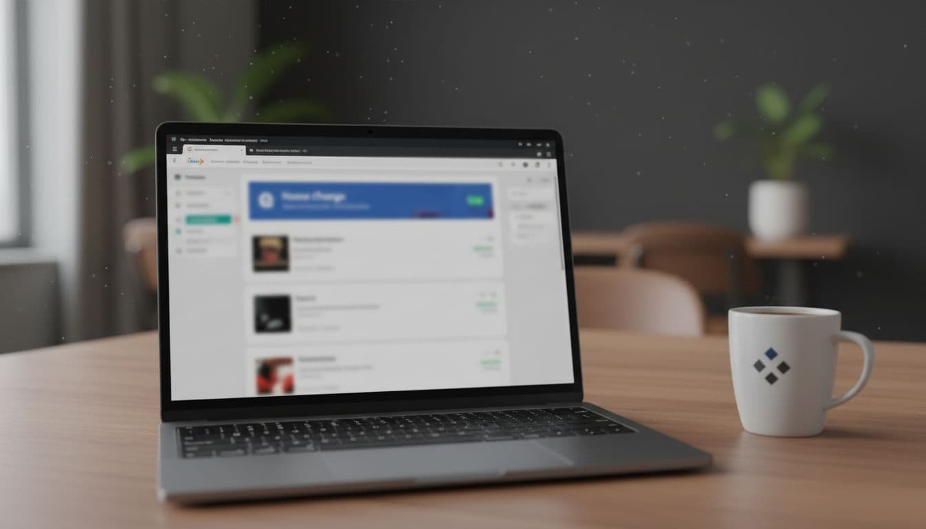 Laptop on office desk displays blurred Google Business Profile dashboard with name change notification, coffee mug nearby.