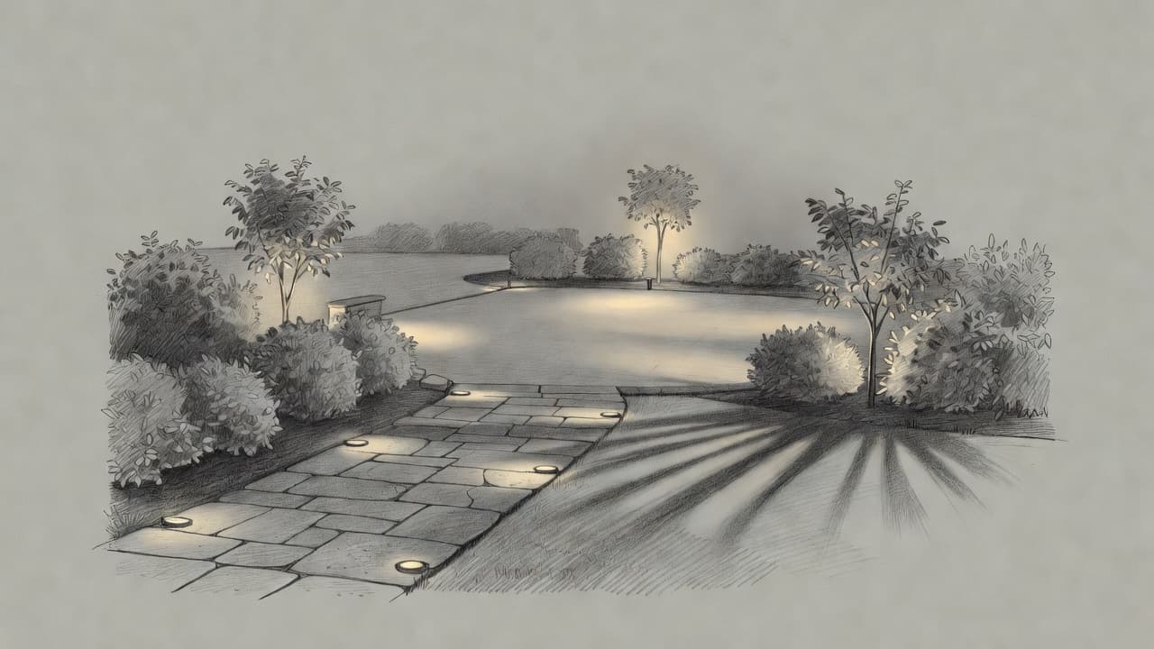 A detailed graphite drawing illustrates a backyard patio at night, featuring soft path lights along the walkway and warm accent glows highlighting the textures of nearby shrubs and a central tree.