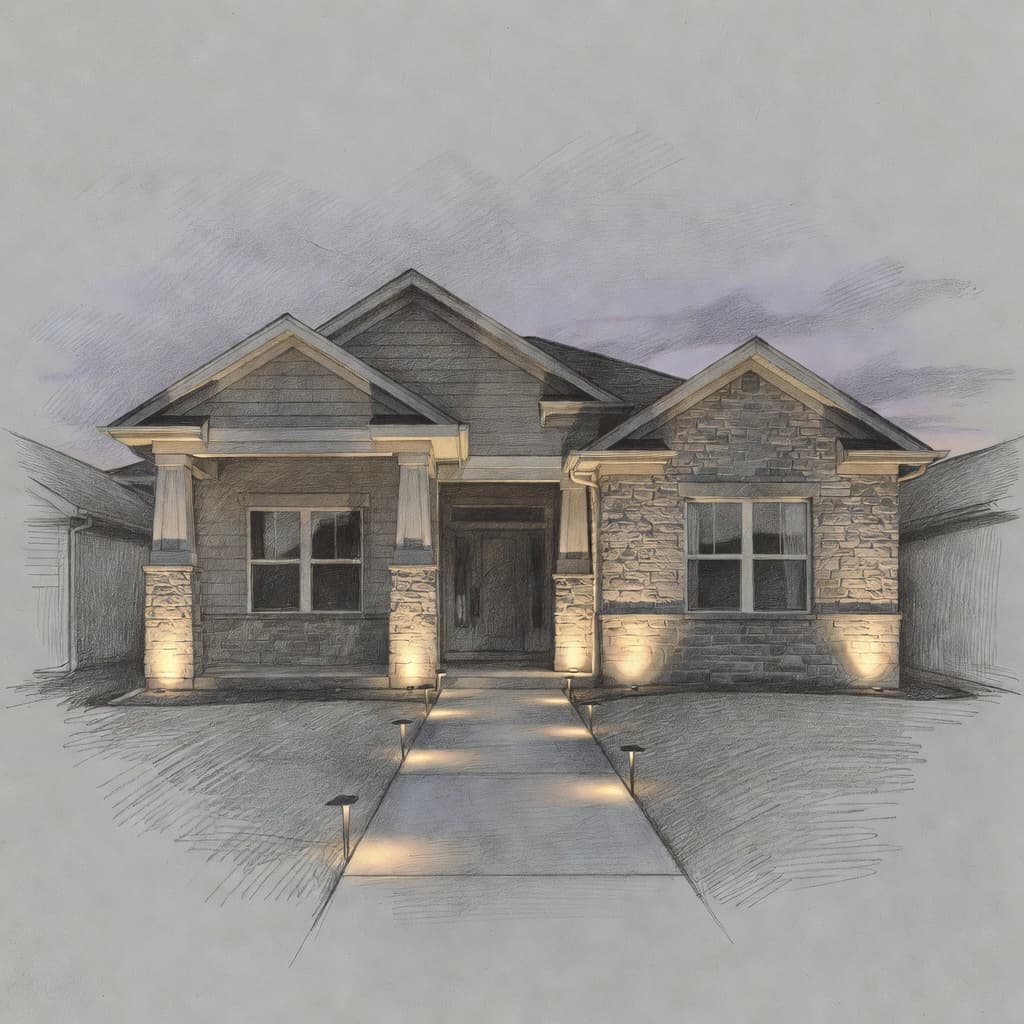 A detailed graphite drawing of a single-family residence during twilight hours. Soft architectural uplighting illuminates the front columns while gentle path lights trace the walkway, creating a warm and welcoming atmosphere.