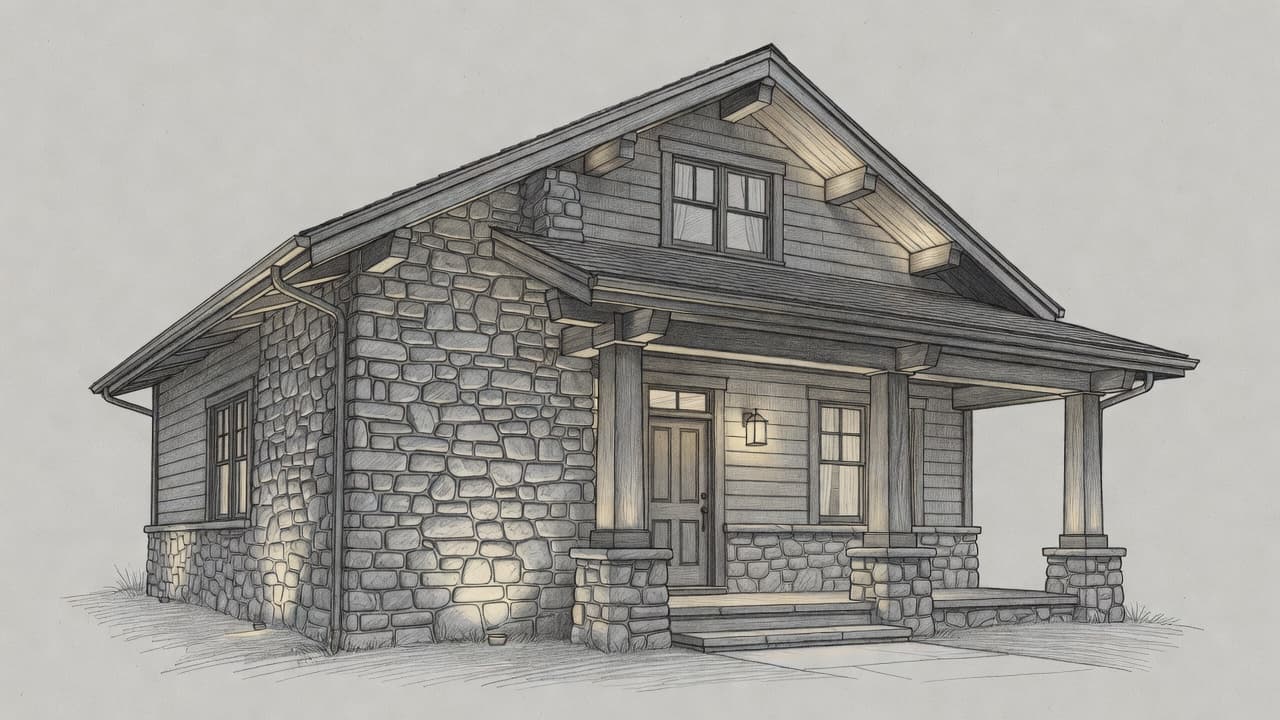 A detailed graphite drawing illustrates a residential home at night. Subtle pencil shading accentuates the textured stone facade, while bright highlights define the roofline, porch columns, and the glowing front entryway.