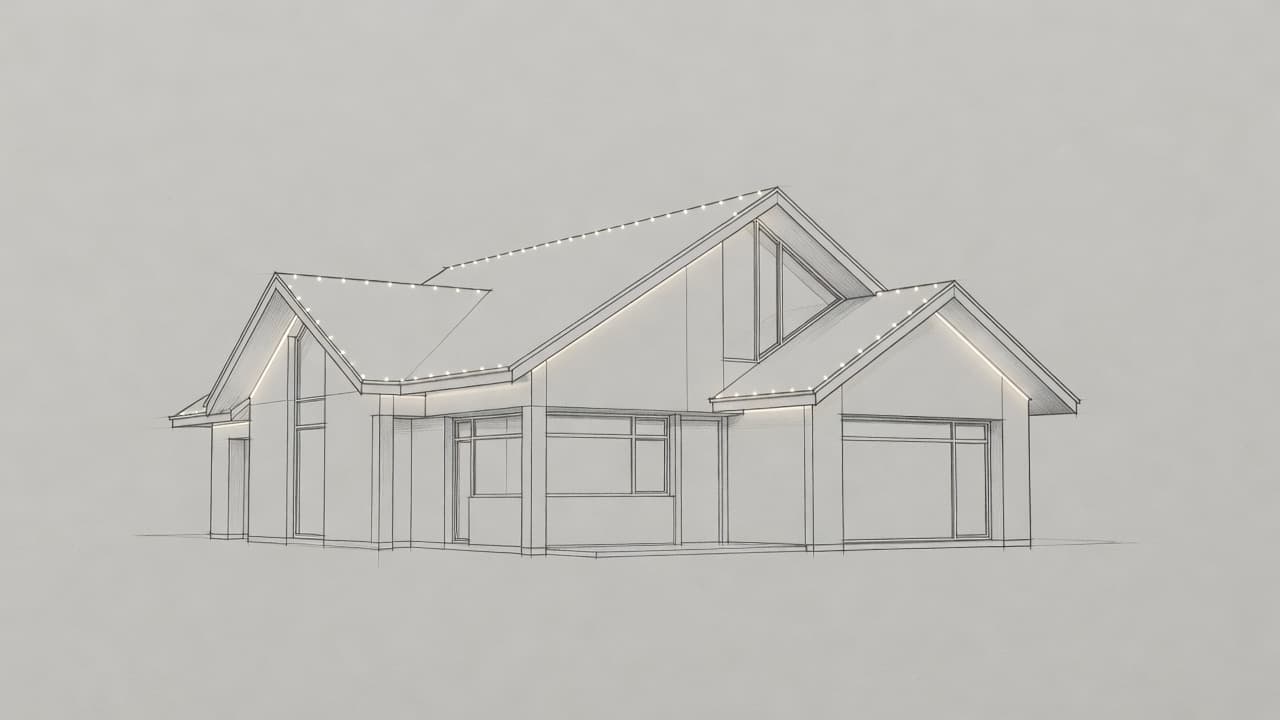 A graphite drawing on light gray paper shows a home at night with glowing roofline lighting. Precise strokes define the architectural gables and eaves with elegant, clean minimalist shading throughout.