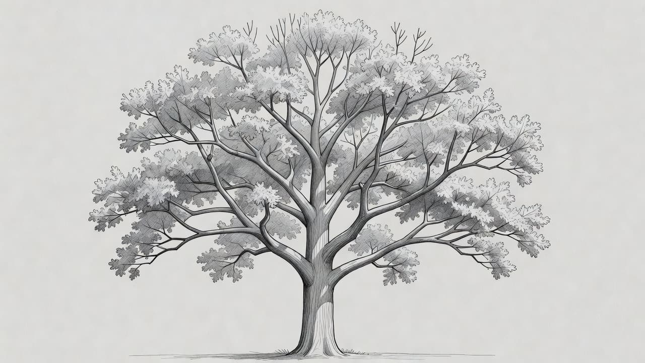 A detailed graphite drawing on textured gray paper displays a healthy deciduous tree with an open, airy canopy. The clear branch structure highlights professional pruning techniques that ensure long-term stability and health.