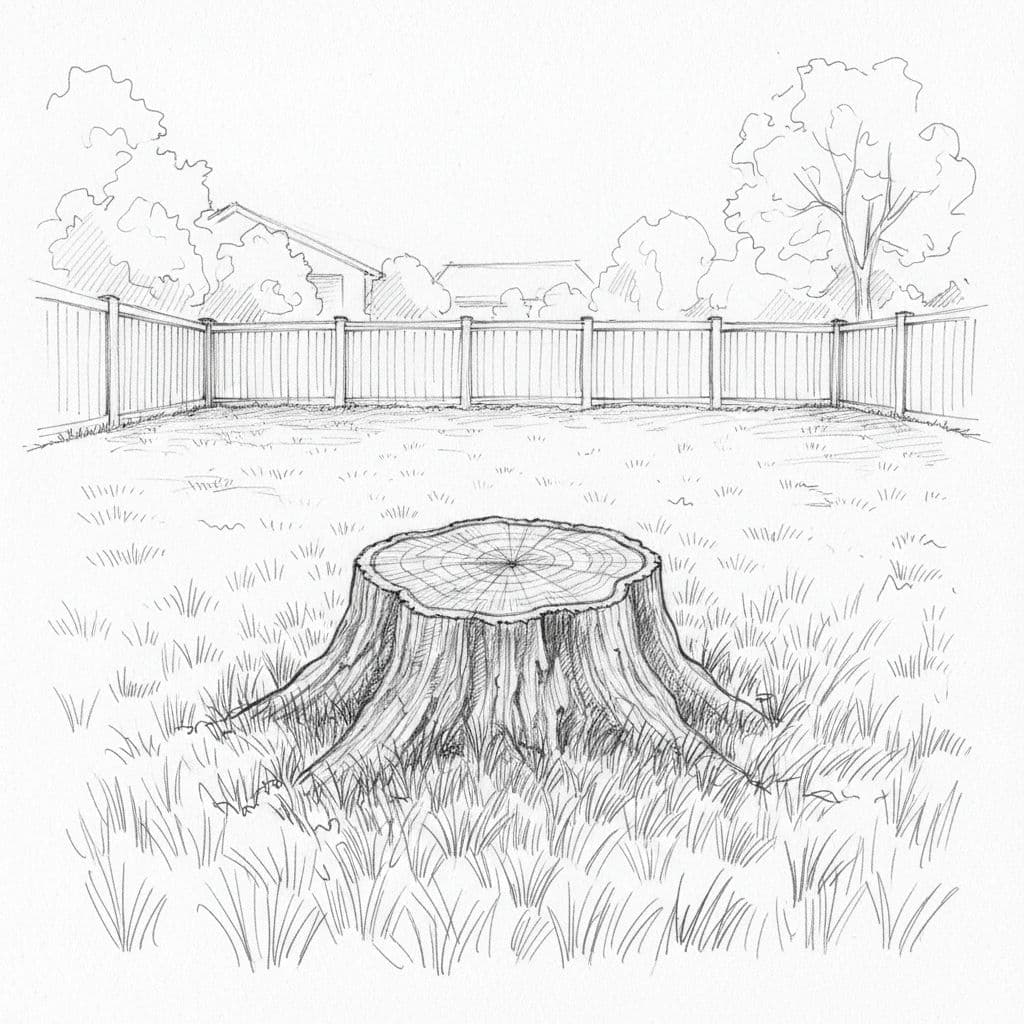 A graphite drawing on paper depicts a single tree stump centered in a grassy backyard.