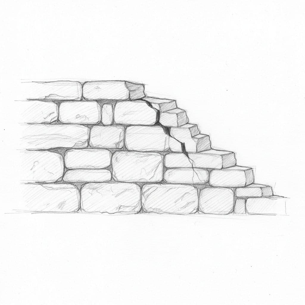 A graphite pencil drawing illustrates a damaged retaining wall with a visible diagonal crack and leaning structure.