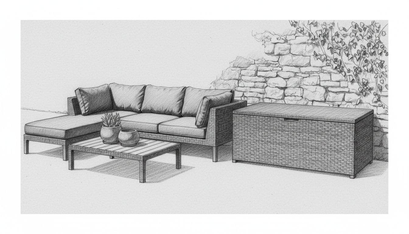 A graphite drawing features modern patio furniture with all-weather cushions and a storage box against a wall.