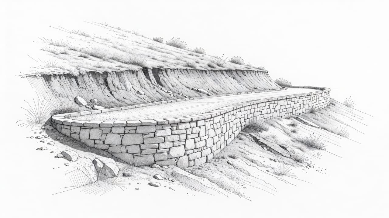 A graphite pencil sketch illustrates a layered stone retaining wall supporting a flat garden terrace. The drawing depicts how the sturdy structure holds back the steep, sloped hillside terrain on paper.