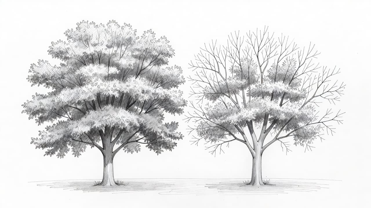 A detailed graphite drawing on white paper contrasts a lush, full-canopied tree with a nearby specimen exhibiting sparse foliage, thinning branches, and significant dieback, illustrating clear signs of environmental tree stress.