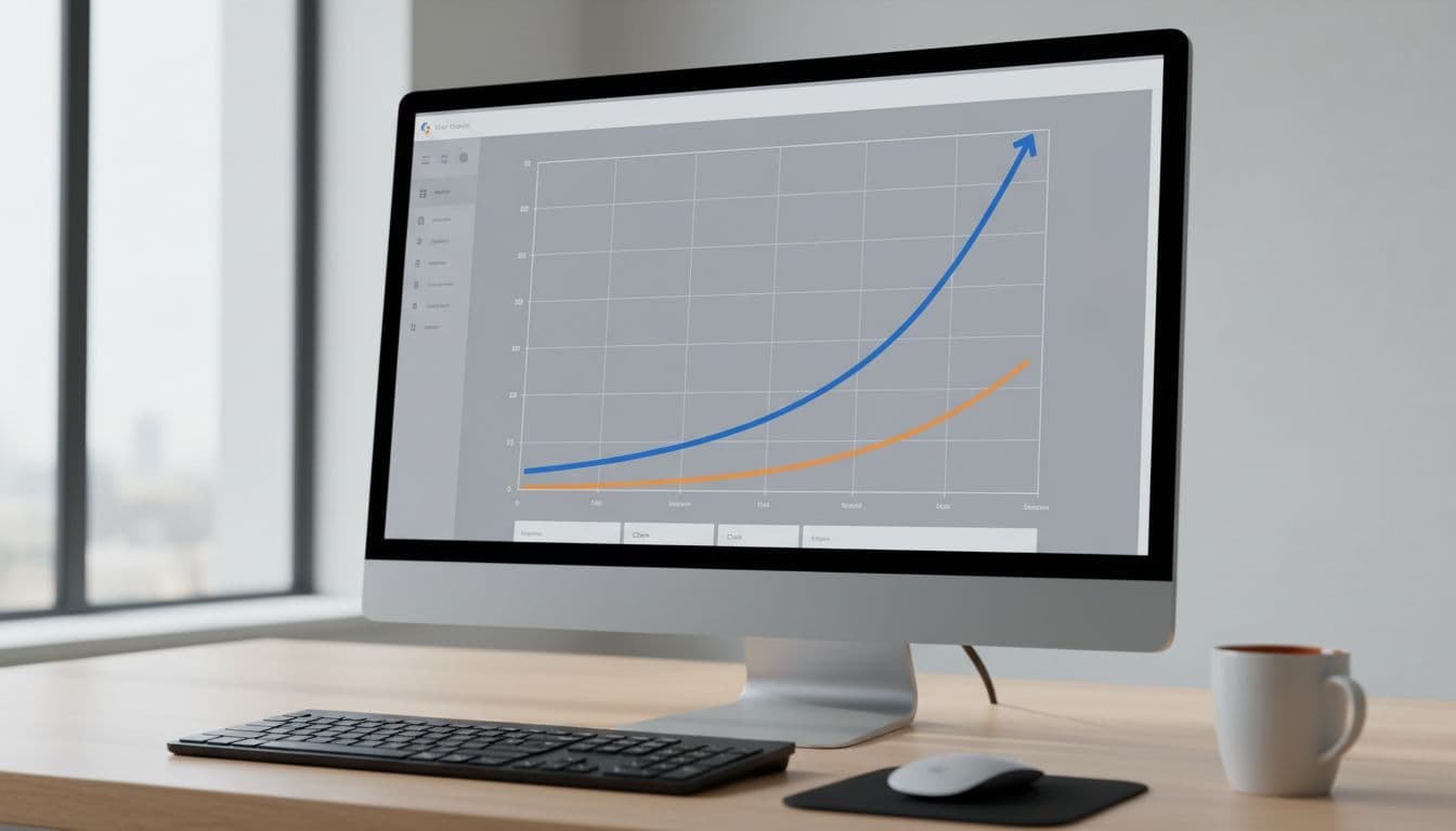 Clean computer screen on wooden office desk displaying Google Search Console performance report graph with sharply rising blue impressions line and nearly flat orange clicks line, minimalist style with keyboard, mouse, and coffee mug nearby.