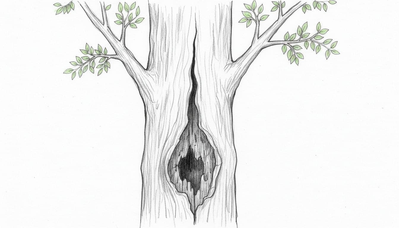Close view hand-drawn graphite sketch of a single tree trunk with deep vertical crack and large base hollow revealing decayed wood, upper branches with green leaves on white paper.