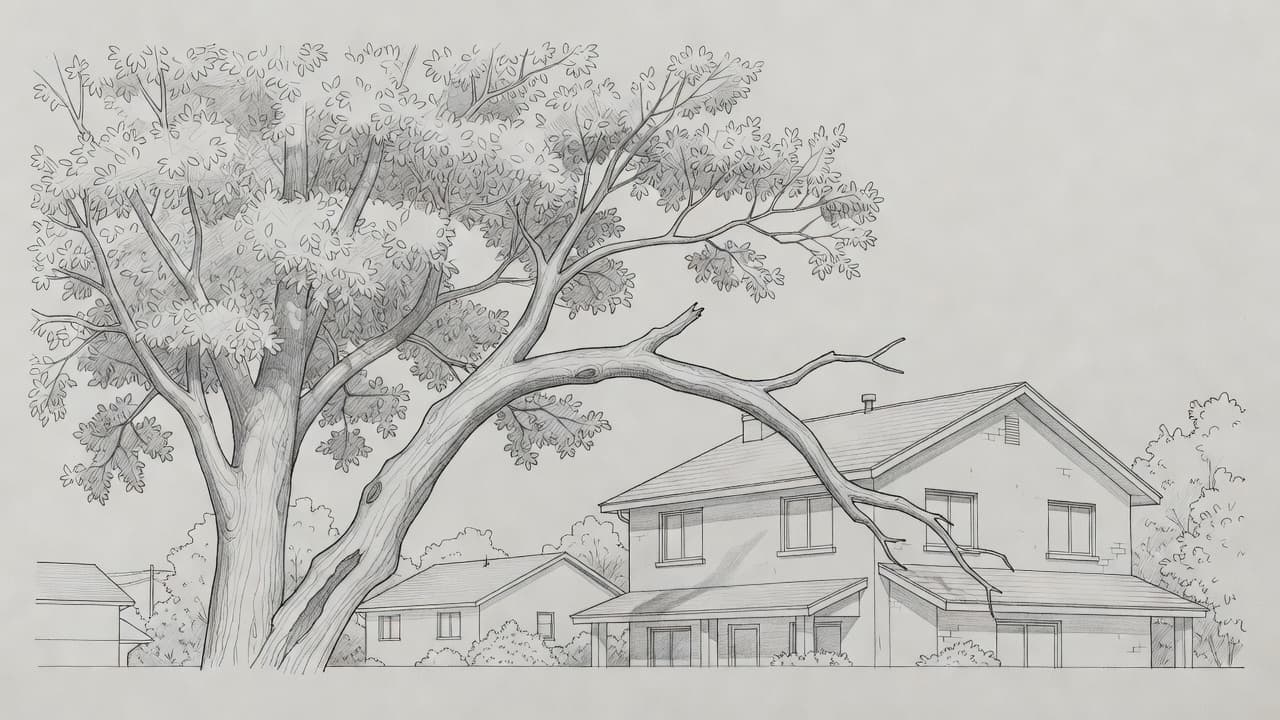 A detailed graphite drawing on gray paper captures a large, precarious tree limb looming directly above a residential roof. Light shading emphasizes the potential danger posed by the unstable wood.