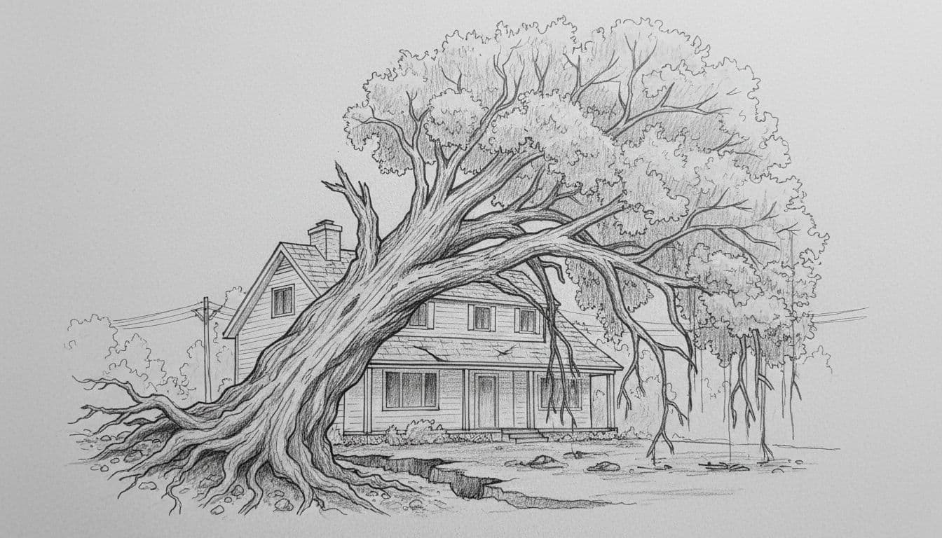 A graphite sketch depicts a damaged tree leaning precariously over a suburban roof after a storm.