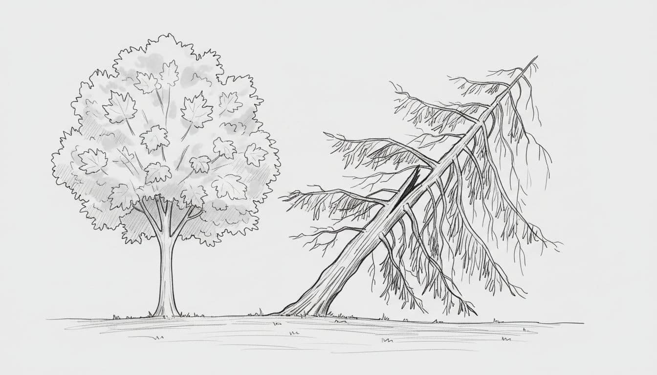 Side-by-side hand-drawn sketch in a residential yard showing a healthy upright bigleaf maple with full canopy on the left and a damaged leaning Douglas fir with split trunk and dead branches on the right.