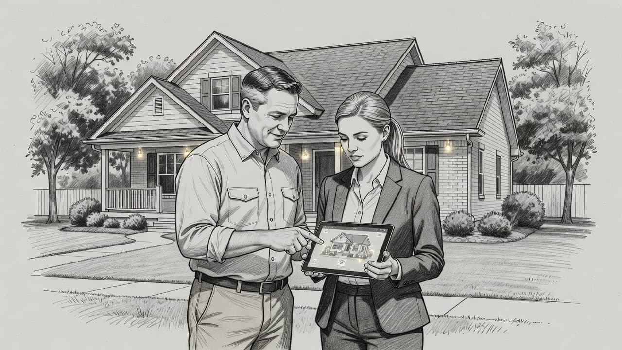 A professional and a homeowner stand together outside a house examining a digital tablet. The graphite sketch illustrates the collaborative planning process for residential exterior lighting on textured gray paper.