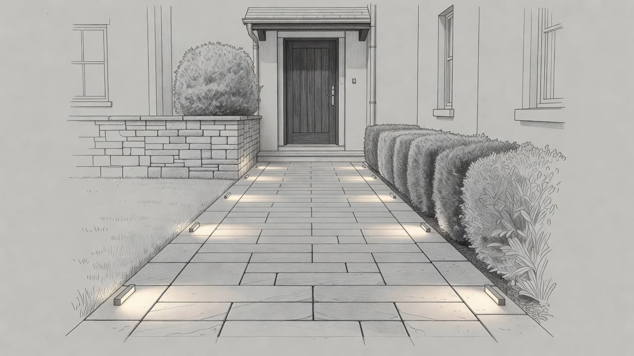 A graphite sketch depicts a stone garden path leading to a home entrance at night. Low-profile ground lights cast soft, directional glows across the textured walkway against light gray paper.