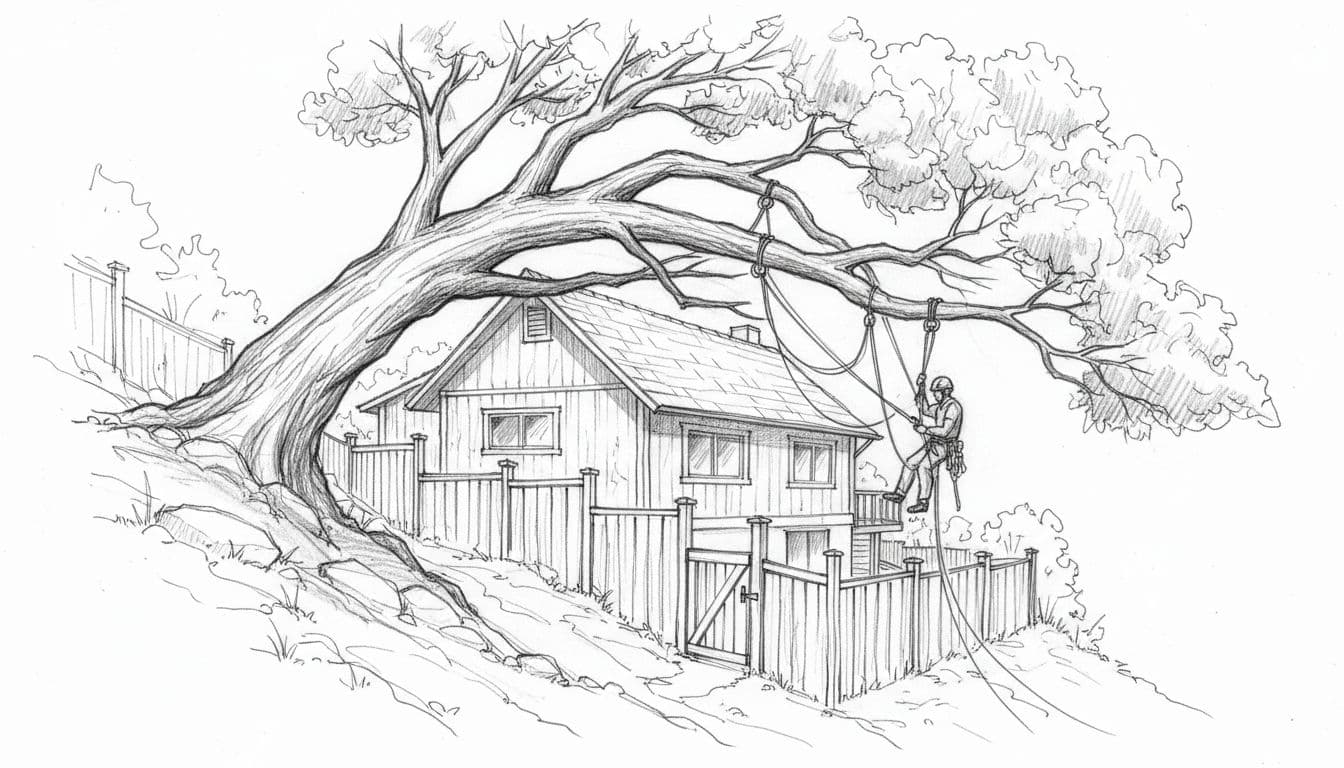 Hand-drawn sketch depicting a large tree leaning close to a single-story backyard house, with an arborist using ropes and rigging for removal amid narrow fence gate and sloped terrain limiting access.