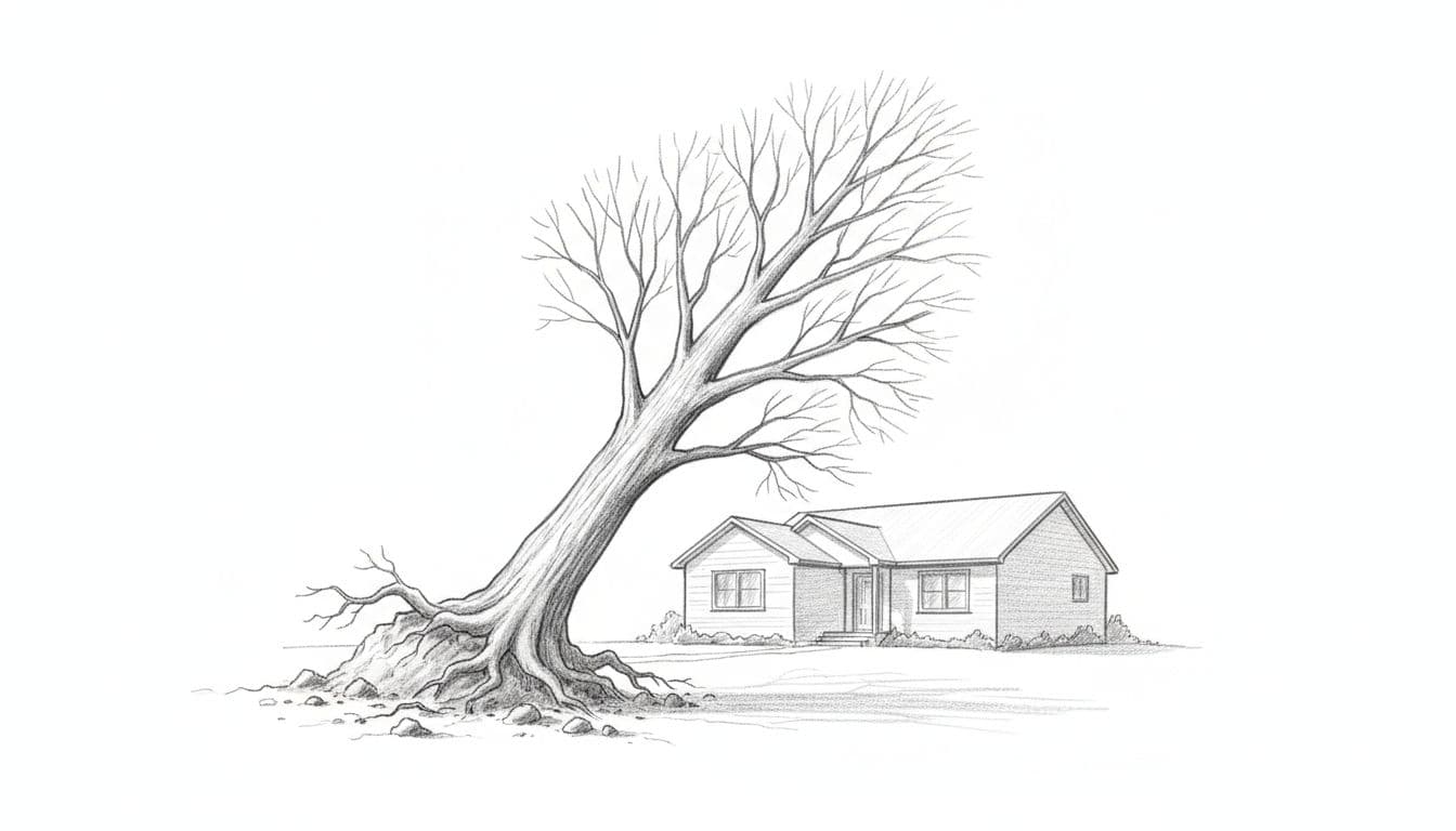 Hand-drawn sketch of a mature deciduous tree leaning at a 20-degree angle toward a single-story suburban house, with heaved and cracked soil at the base, exposed roots, and signs of recent shift.