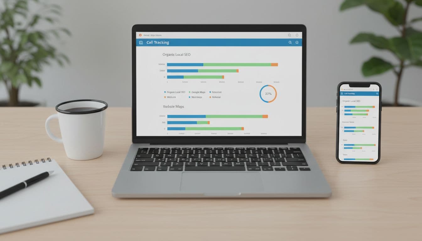Top-down view of a clean office desk featuring an open laptop displaying a call tracking software dashboard with bar charts of calls by source like organic local SEO and Google Maps, a mirroring smartphone, coffee mug, and notepad.