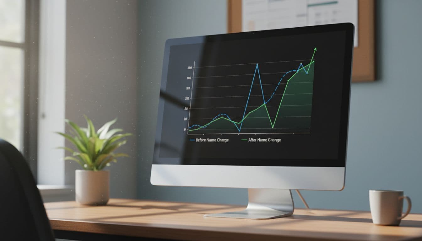 Computer screen on office desk shows line graph of local SEO rankings with dip then recovery.