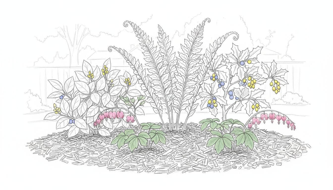 Graphite linework sketch of hardy Oregon native plants—sword fern, salal, Oregon grape with yellow flowers and blue berries, Pacific bleeding heart with pink flowers—thriving in a thickly mulched garden bed for shady moist suburban yards.
