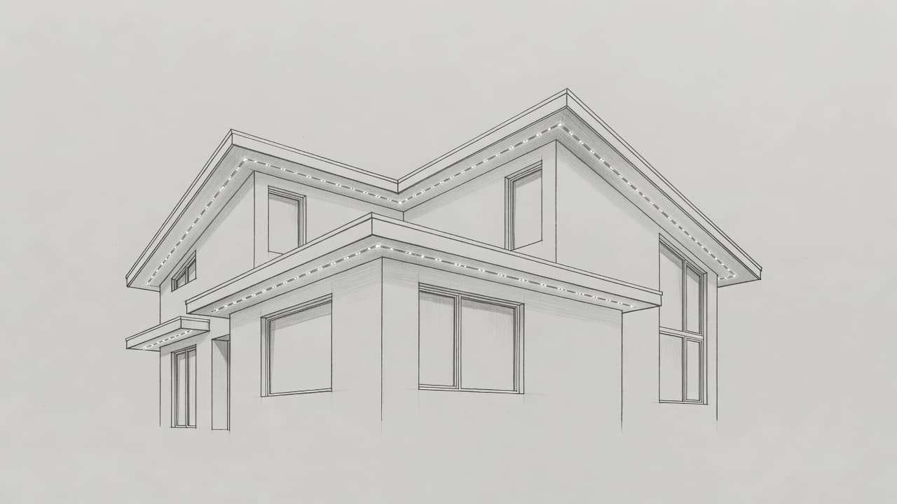 A graphite drawing illustrates a contemporary house featuring sleek LED light tracks installed beneath the roofline. The artistic sketch uses soft shading on gray paper to emphasize the architectural exterior lines.