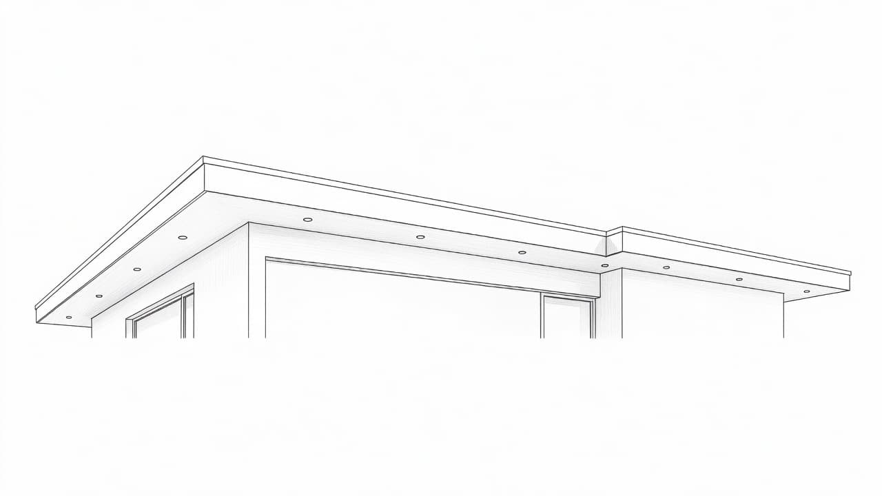 A graphite line drawing depicts a contemporary house exterior featuring recessed circular lights integrated into the eaves. Soft shading defines the walls against a clean white backdrop, illustrating a professional installation.