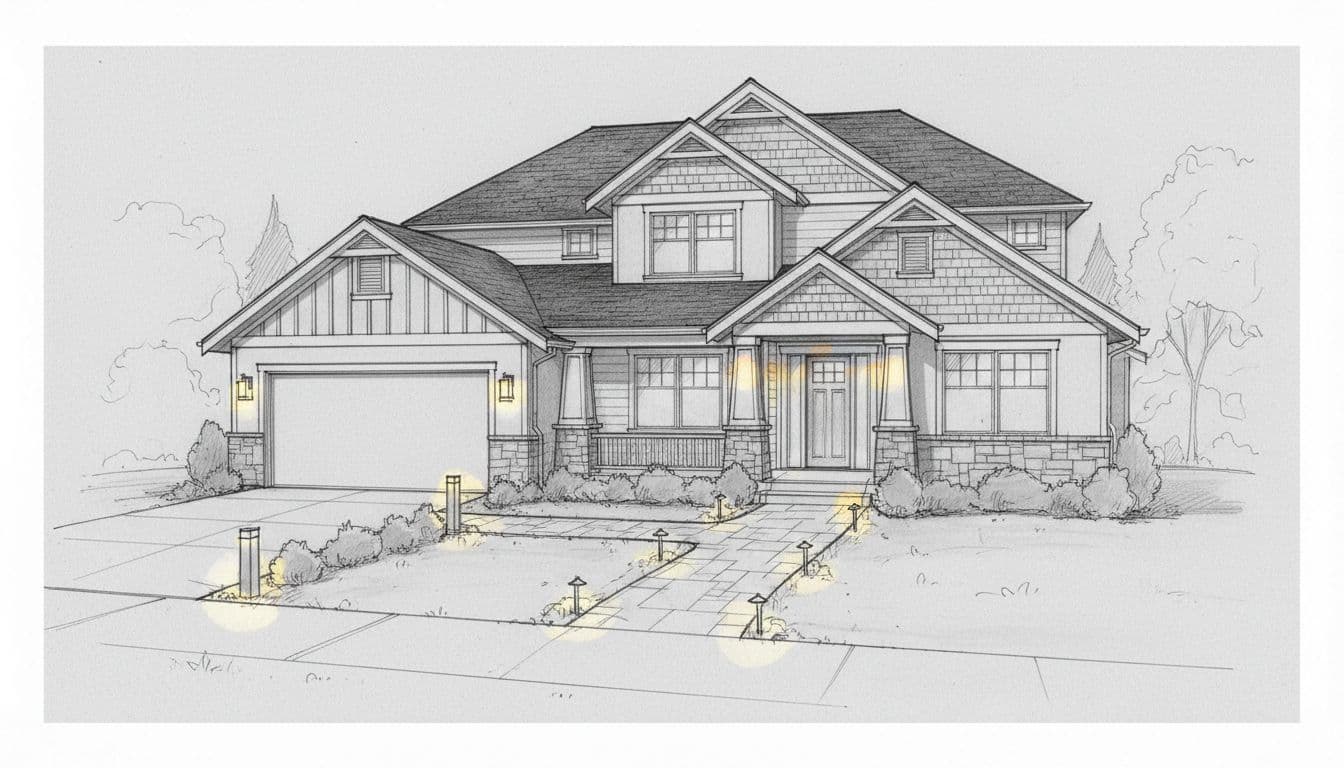 Front exterior of a two-story suburban home at night from the street, with welcoming porch sconces, curved path lights, driveway bollards, and subtle uplights on facade and pillars, in Pacific Northwest style. Hand-drawn graphite sketch with light shading on gray paper background, monochromatic, no cars, people, text, or color fills.
