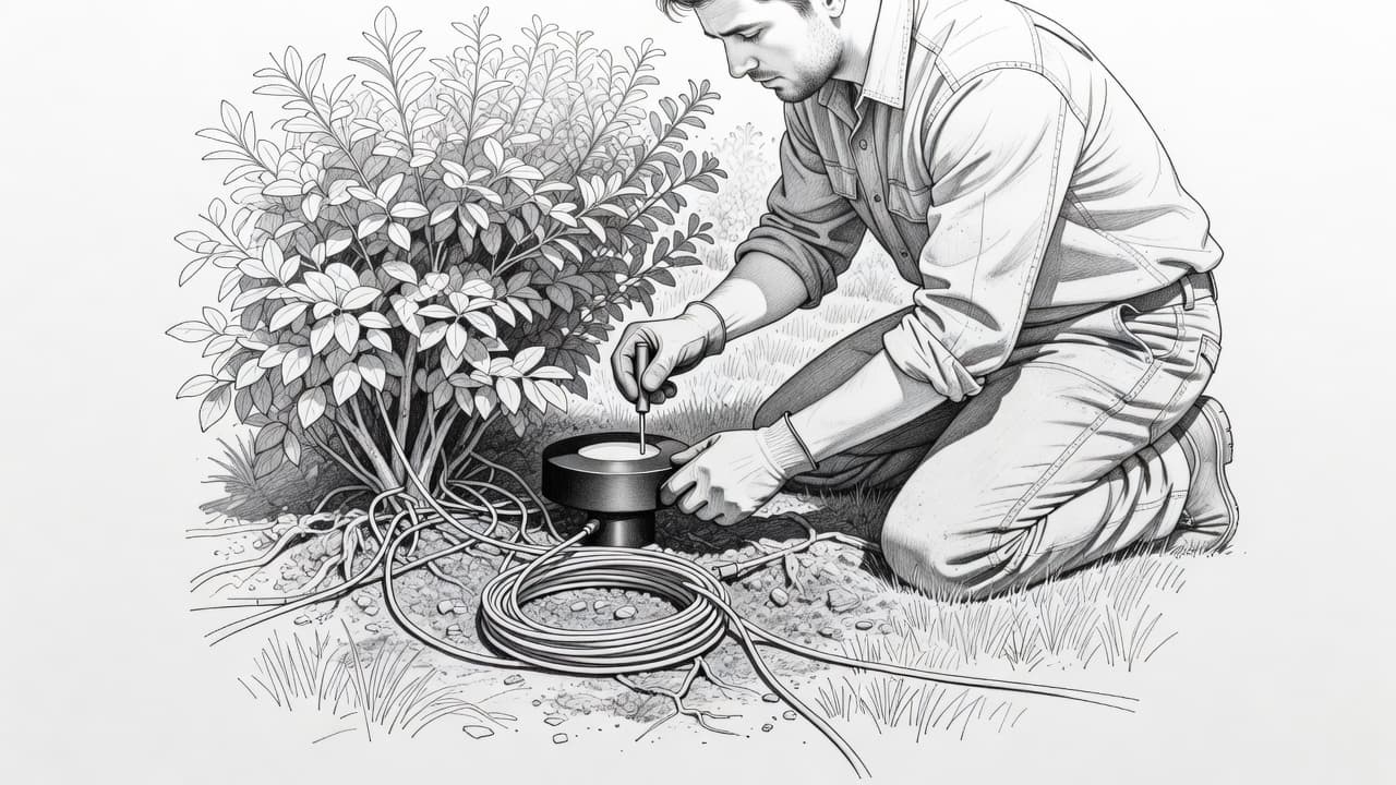 A detailed graphite sketch depicts a technician installing low-voltage landscape lights near lush foliage. The drawing focuses on clean linework and soft shading to illustrate the precise placement of garden hardware.