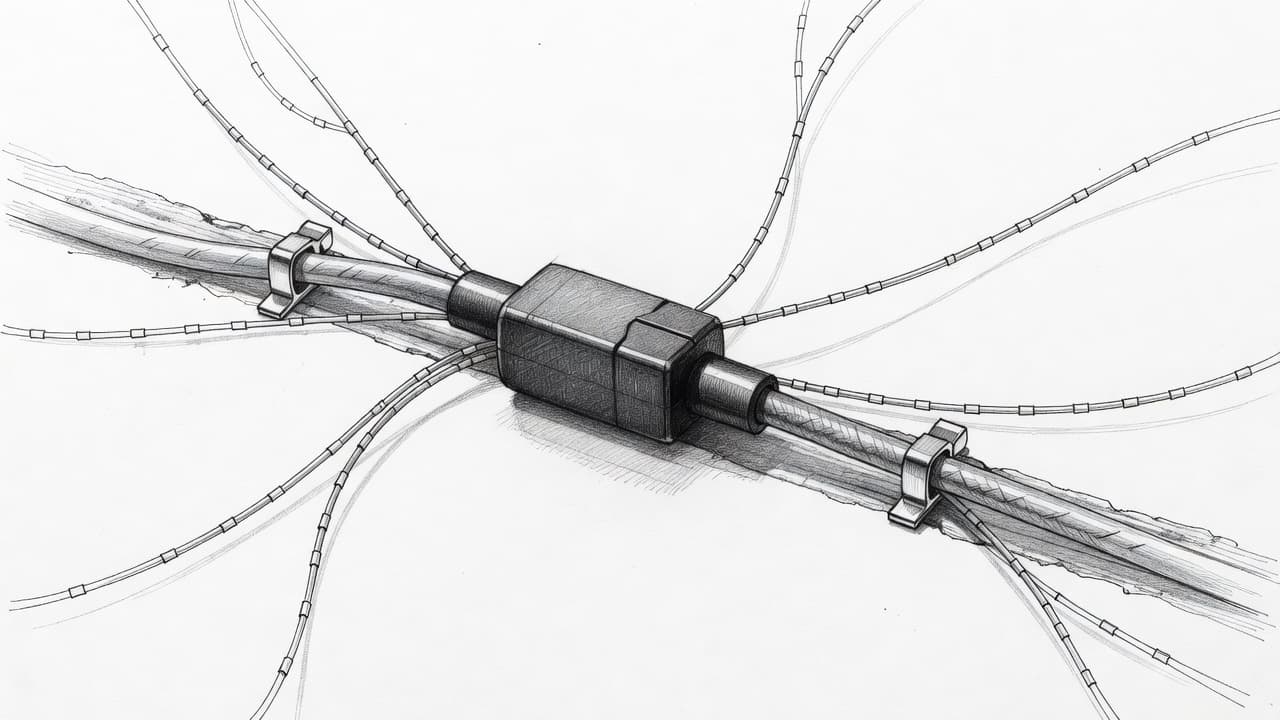 A detailed pencil drawing showcases a waterproof connector block linked to electrical wiring on a textured surface. The sketch emphasizes precise wiring routes and structural components against a clean white background.