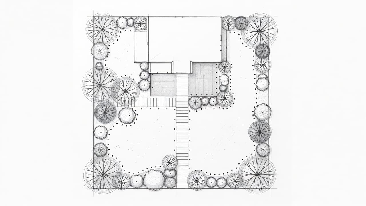 A top-down graphite sketch illustrates a residential landscape design. Distinct light fixtures are marked along the garden paths, patio edge, and surrounding tree clusters on a textured white paper background.