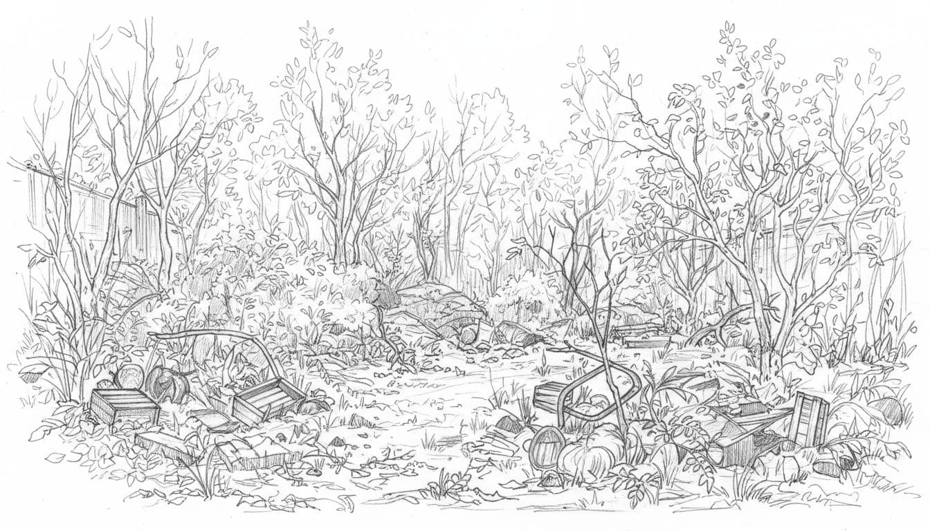 A graphite sketch showing an overgrown yard filled with dense brush, small trees, and debris.