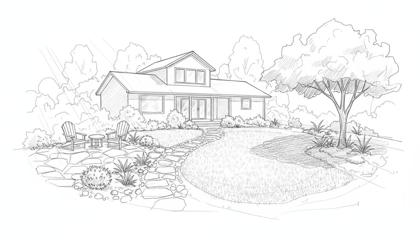 Hand-drawn graphite sketch of a suburban Pacific Northwest backyard divided into low-maintenance zones: paver patio, native shrub bed, stone path, and microclover lawn, showing sunlight on one side, shade on the other, and gentle drainage slope.