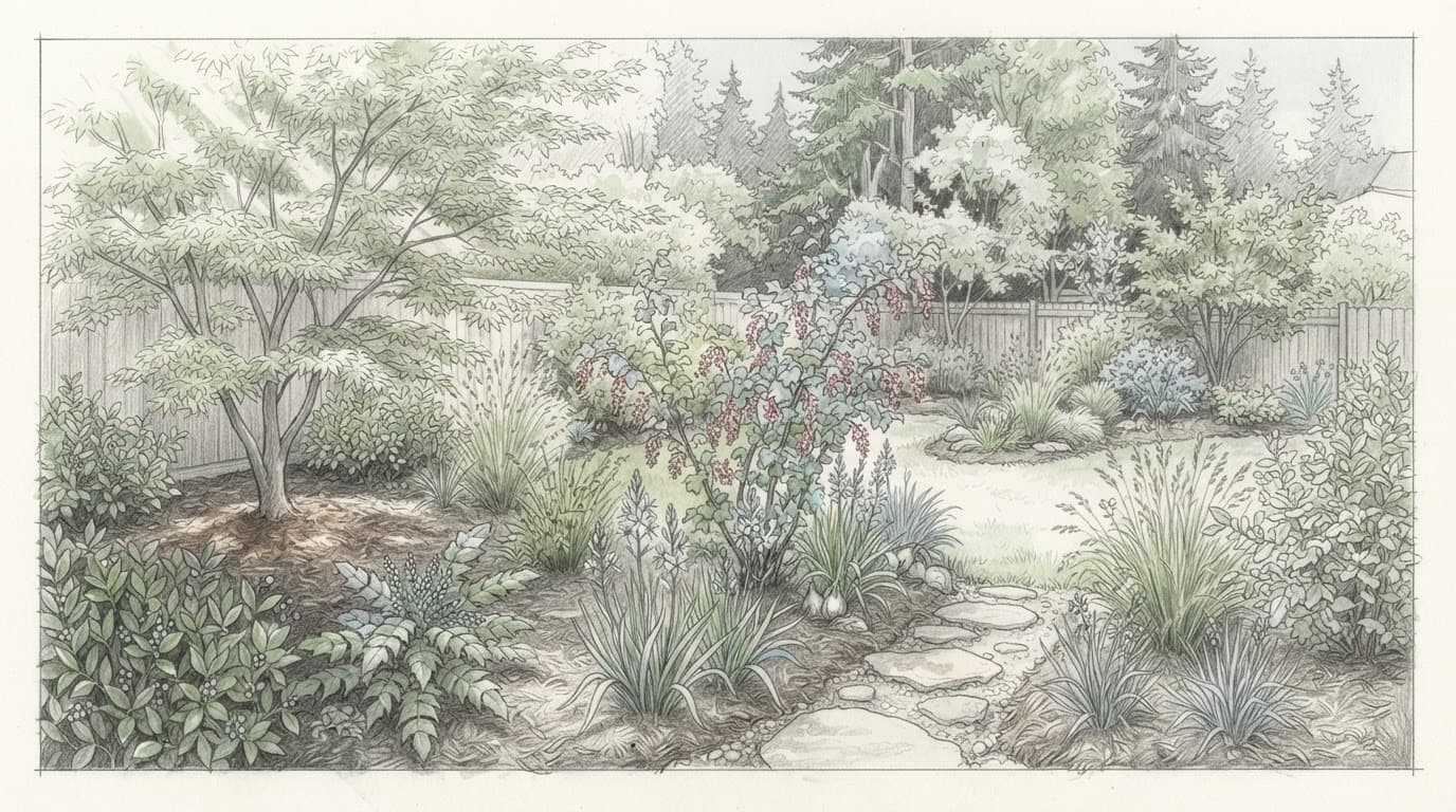 Layered native plants frame a mulched path beneath mature backyard trees.