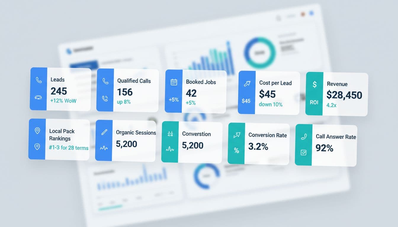 High-resolution closeup of KPI cards row in a realistic SaaS-style real-time Pay-for-Performance SEO dashboard for home services like plumbing, displaying metrics like leads, qualified calls, booked jobs, revenue, CPL, ROI, rankings, sessions, conversion rate, and call answer rate.