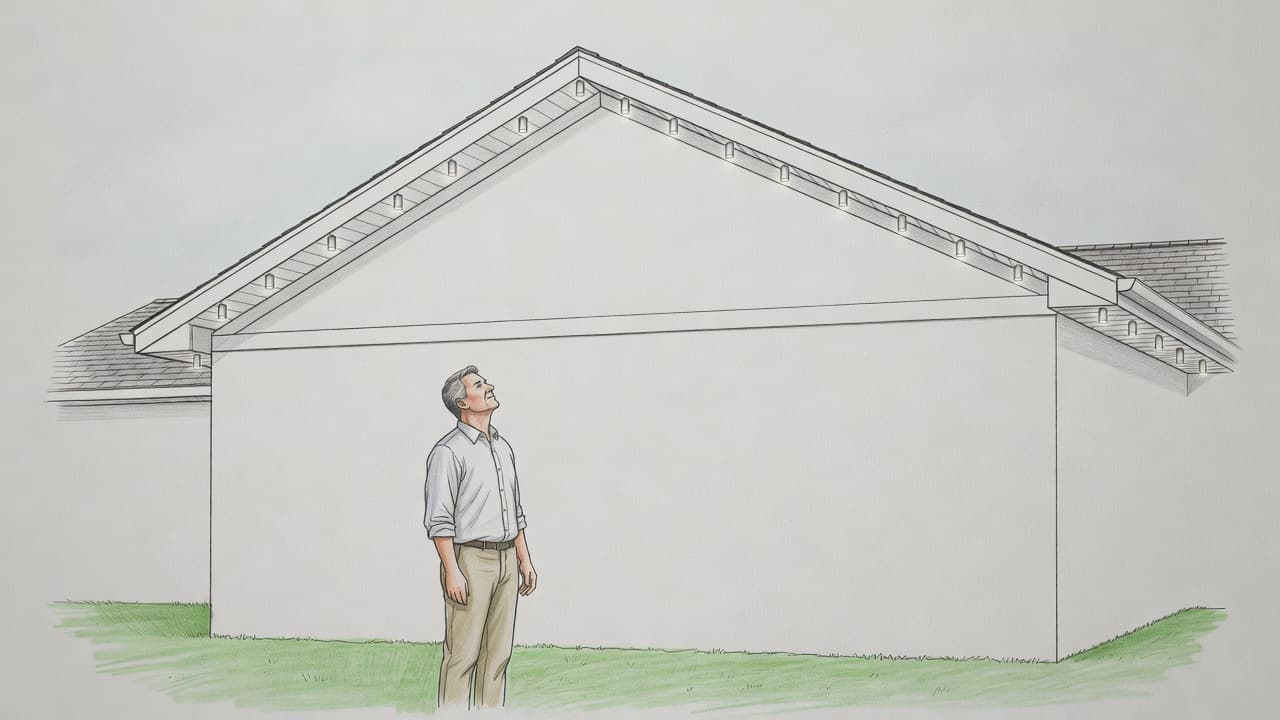 A graphite sketch on gray paper depicts a person standing outside looking up at a clean roofline. Integrated LED fixtures line the edge, offering an elegant alternative to temporary holiday decorations.