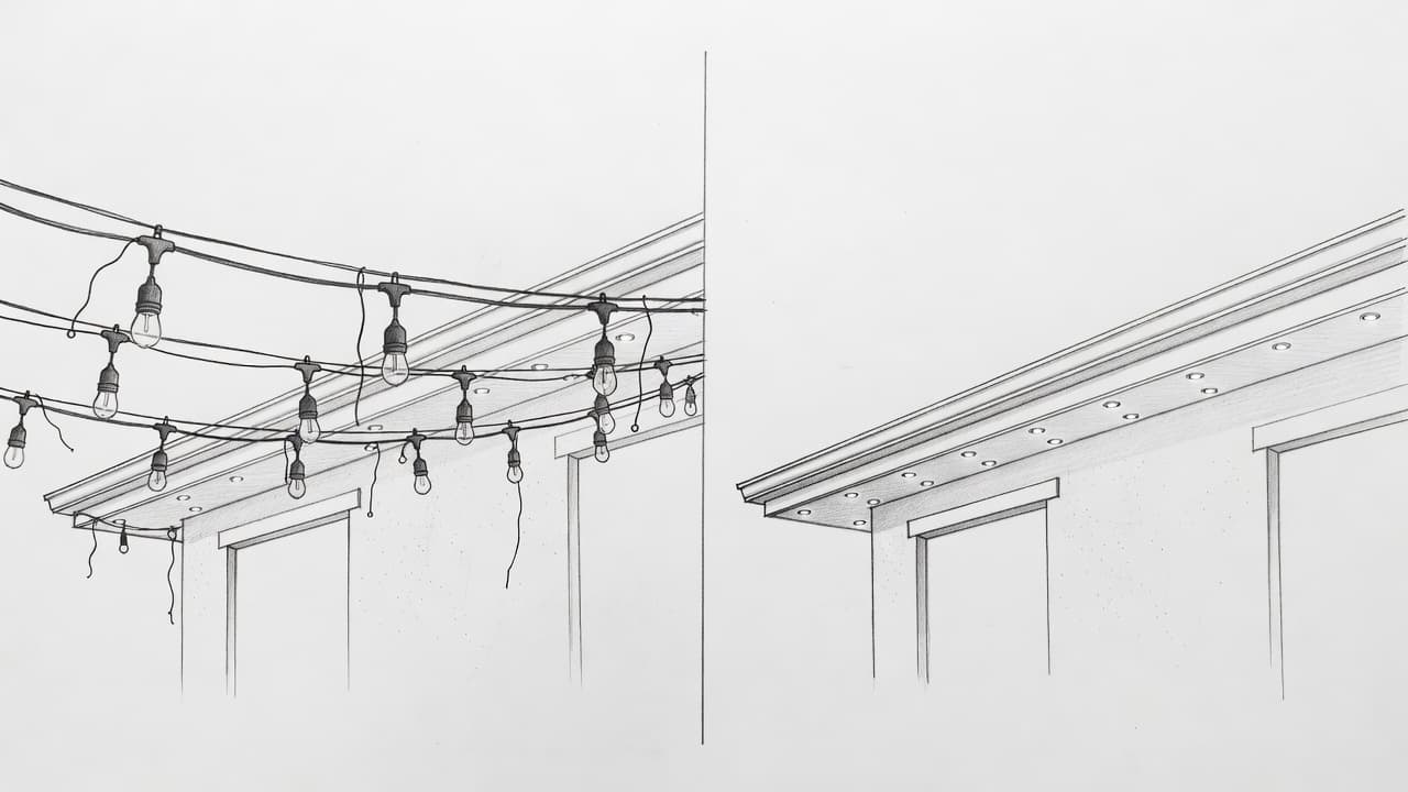 A split-view graphite drawing contrasts messy, sagging string lights on a traditional home roofline with clean, hidden permanent LED nodes installed beneath the soffit. The house structure remains identical in both.