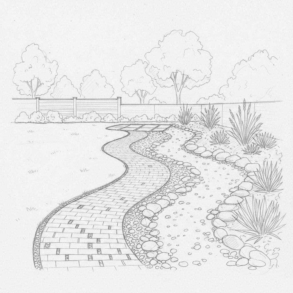 A graphite drawing illustrates a backyard featuring permeable stone pavers and a gravel drainage zone.