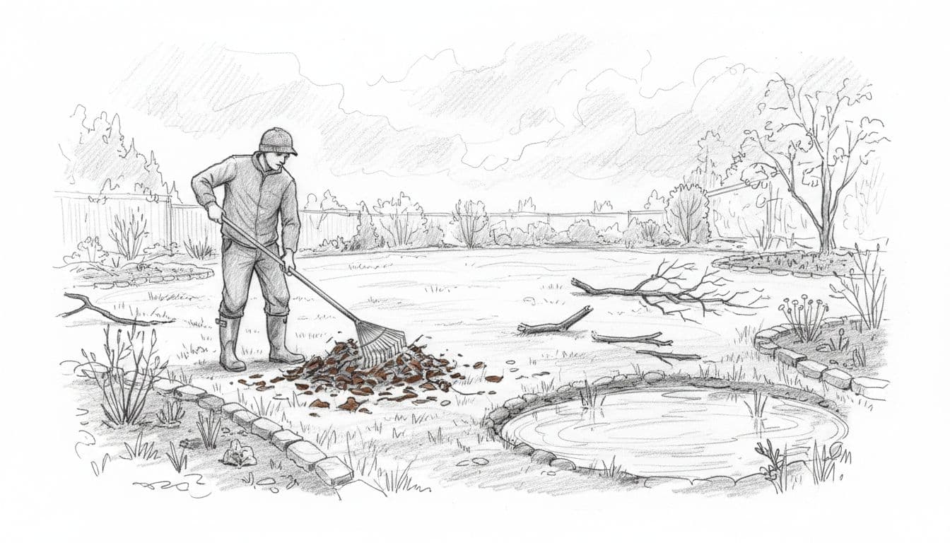 Homeowner in suburban Pacific Northwest yard gently raking leaves, twigs, and matted grass from damp lawn and garden beds amid winter debris under overcast spring sky. Hand-drawn graphite linework sketch with light shading on clean white background.