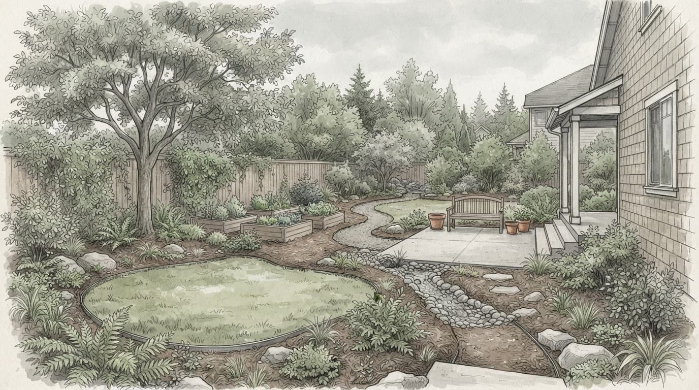 A Portland yard with planting beds, patio, raised beds, lawn, and mature tree.