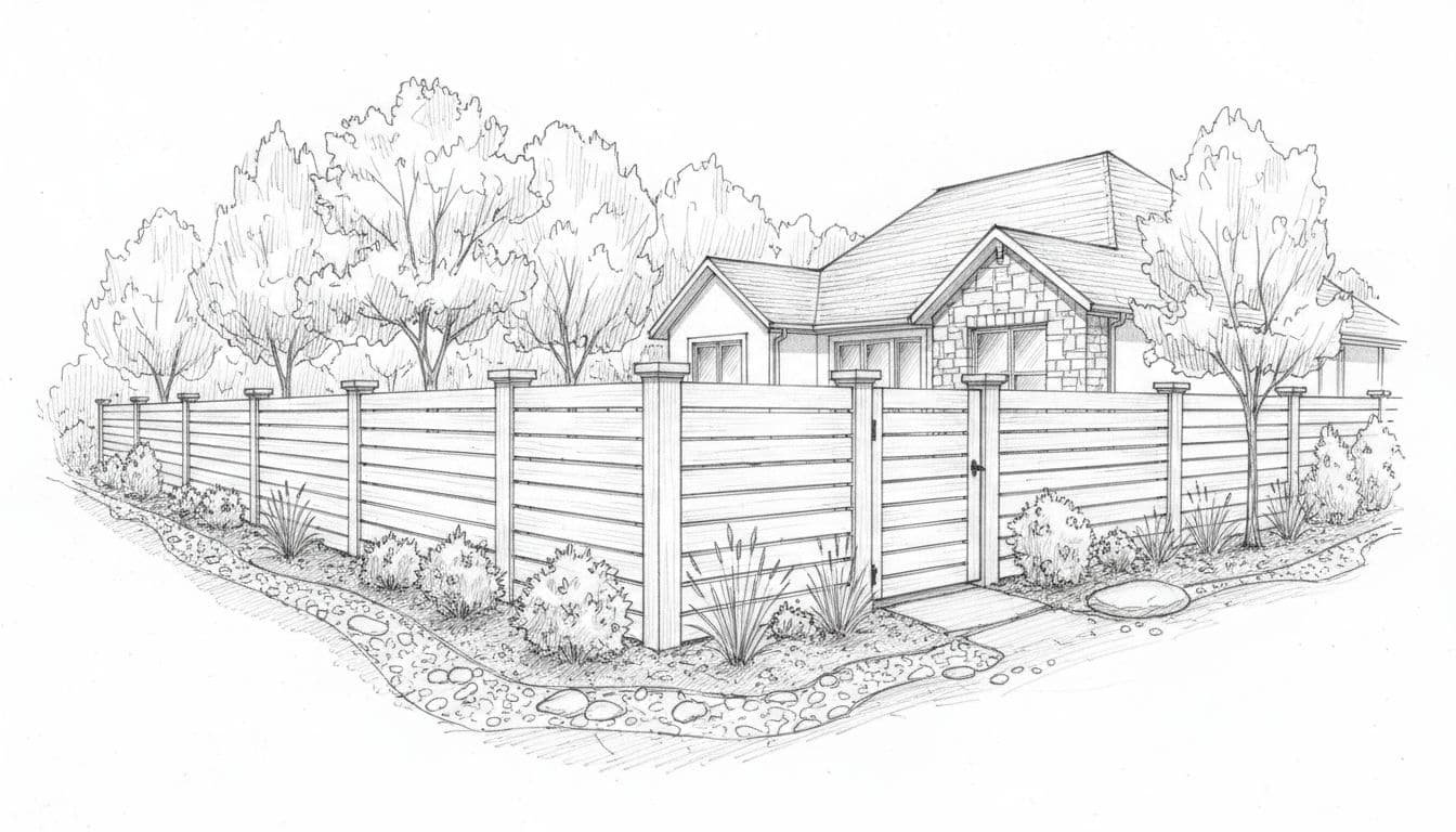 Hand-drawn sketch of a well-integrated suburban backyard fence featuring sturdy posts, clean gate, trees, plants, and subtle drainage swales, highlighting professional design and quality.