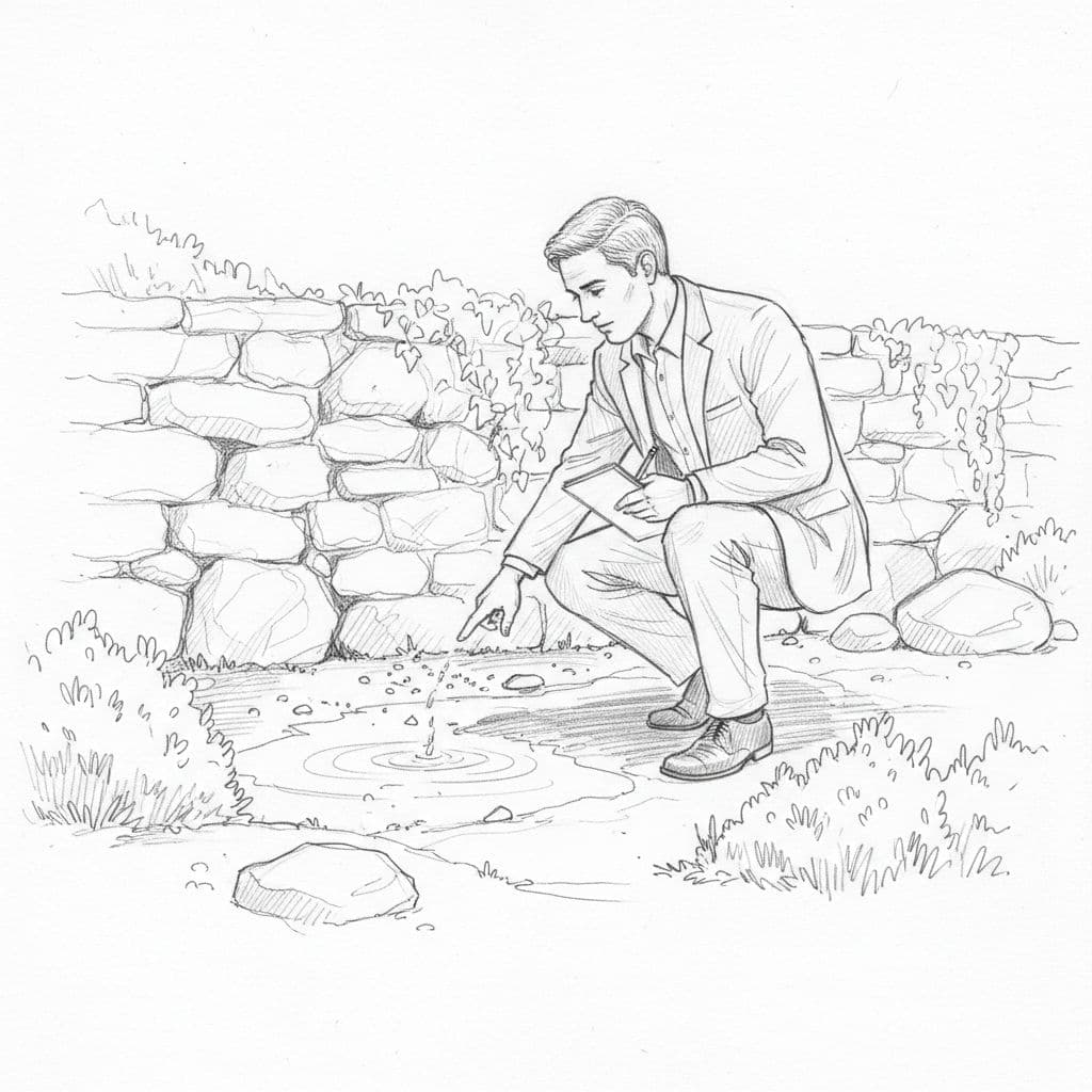 A graphite sketch showing a professional carefully examining the base of a backyard retaining wall.