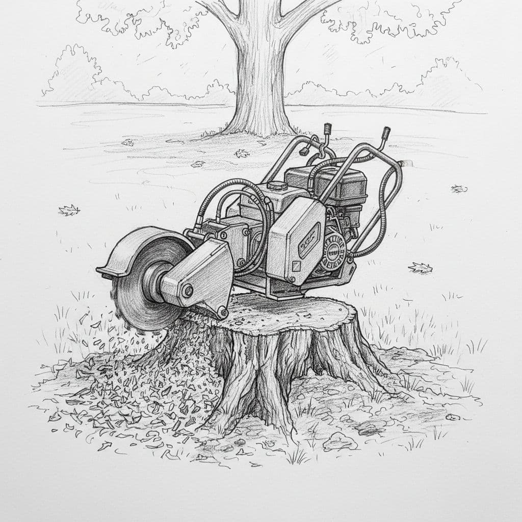 A graphite drawing illustrates a professional stump grinding machine positioned over a large tree stump in a yard.