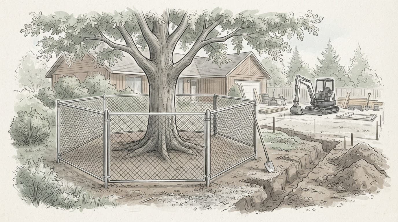 A mature tree fenced off from construction equipment in a residential yard.