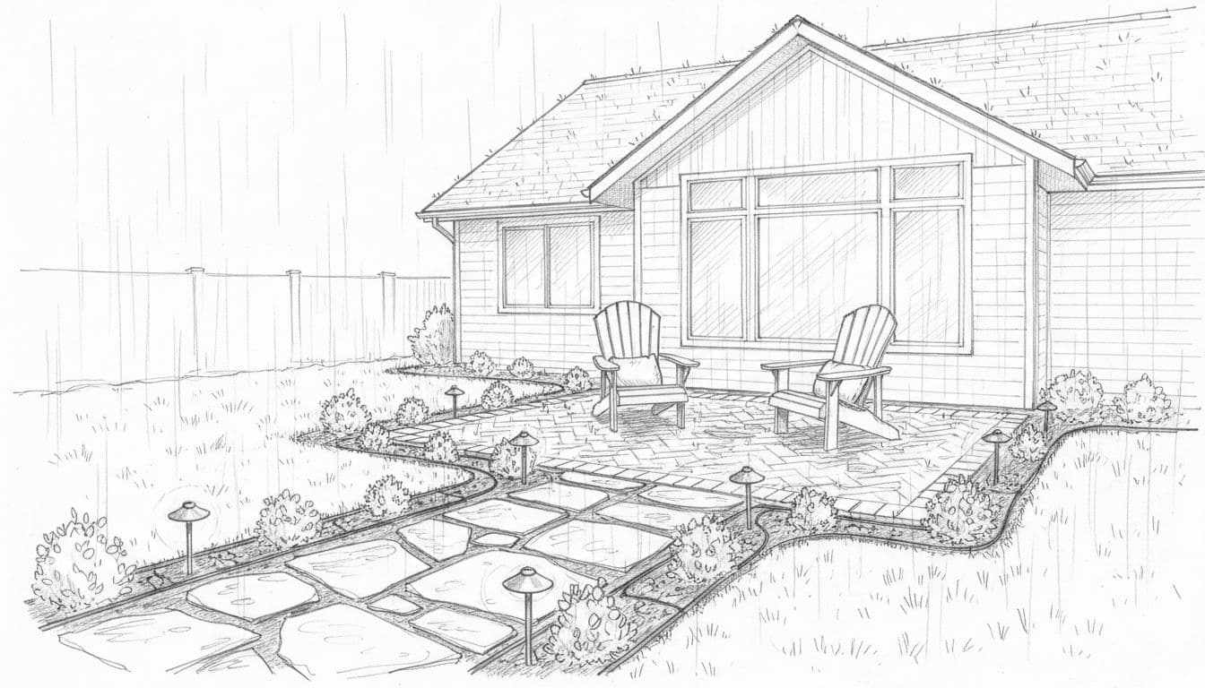 Hand-drawn graphite sketch of a suburban backyard in rainy Pacific Northwest weather, featuring a permeable paver patio with chairs, natural stone walkway, drip irrigation along planting beds, and low-voltage landscape lights, with water draining efficiently through pavers.
